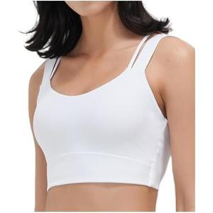 AMRIY Medium Support Sports Bra for Women Seamless Criss Cross Back Yoga Bra with Removable Padded Cups (White, M)