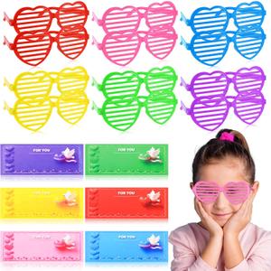 12 Pcs Heart Shaped Shutter Shade Glasses with Gift Cards, Valentines Party Favors, Valentine's Classroom Exchange Prizes Gifts for Kids Boys Girls (Red+Pink+Purple+Blue+Green+Yellow)