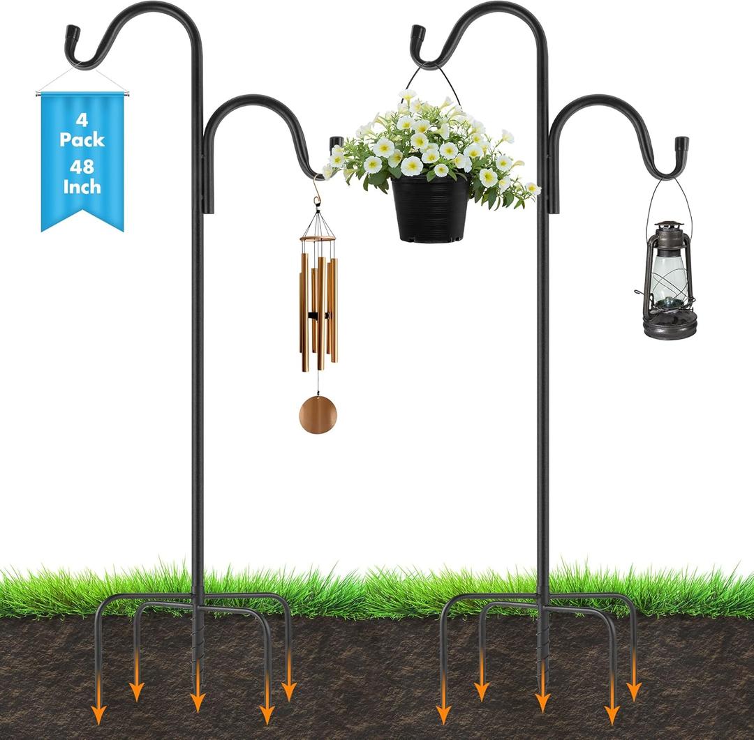 4 Pack 48 Inch Adjustable Double Shepherds Hooks for Outdoor 2 Sided Bird Feeder Poles with 5 Prong Base Heavy Duty Metal Garden Hook for Hanging Flower Basket Lantern Plants Bird Nests Decor 