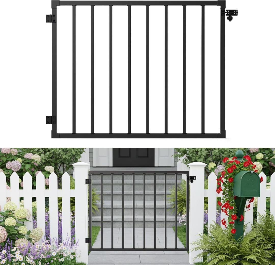 Deck Gate Outdoor, 38''Hx48''W Deck Railings Door Kit Metal Porch Gate Kit with Latch and Auto-Closing Hinge Heavy Duty Steel Anti-Rust Fence Door for Deck Railing Patios, Garden, Yard