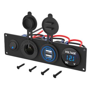 RVMARINEPAT 4 in 1 Charger Outlet Socket Panel 12V DC 4.8A Dual USB Power Outlet & 12 Volt Cigarette Lighter Socket & LED Voltmeter & Lighted ON/Off Rocker Toggle Switch for Marine Boat Truck RV Car