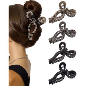 2 x 4 PCS Bow Hair Clips for Women Bow Claw Clip 5" Extra Large Hair Claw Clips for Thick and Long Hair Cute Bows Big Clip (1 Count (Pack of 4), 5" - Black + Leopard)