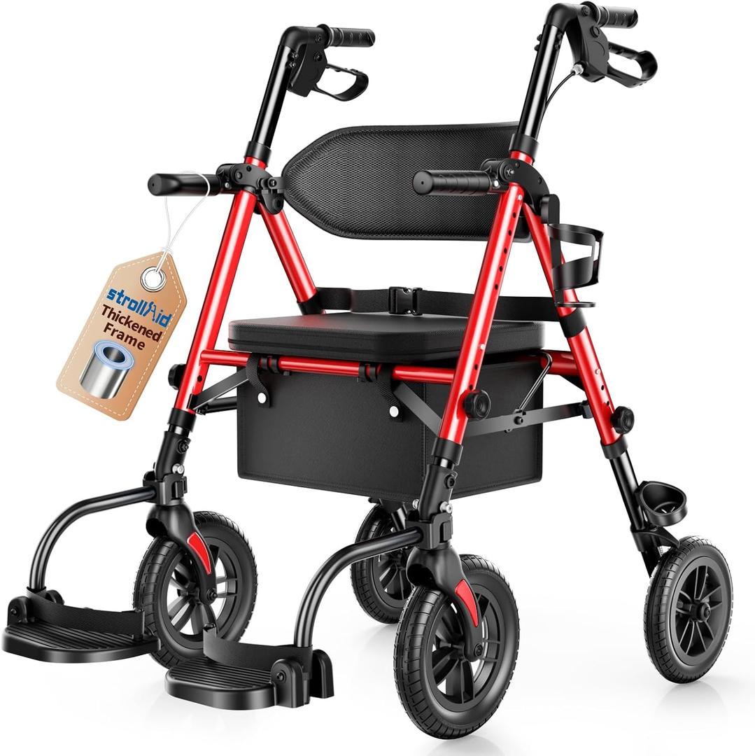 Walkers for Seniors, 2 in 1 Rollator Wheelchairs Combo 10" Big Wheels Walker with Seat, Rollator Transport Chair with Brakes Folding Rolling Walker for Adults, Red