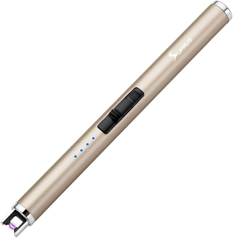 SUPRUS Electric Lighter Candle Type C Rechargeable Lighter with Upgraded LED Battery Display Safety Switch Flameless Plasma Windproof for Candle Cooking BBQs Fireworks (Champagne Gold)