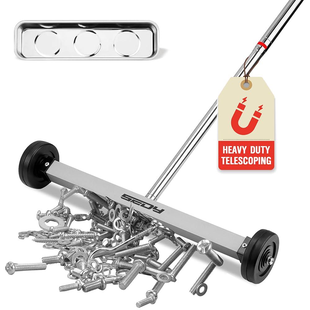 SEDY Magnet Sweeper Magnetic Nail Roller: 17-Inch Heavy Duty Magnet Nail Pickup Rolling Tool with Telescoping Adjustable Handle 8.8-Pound Capacity Ideal for Workshop Garage Yard Construction Cleanup