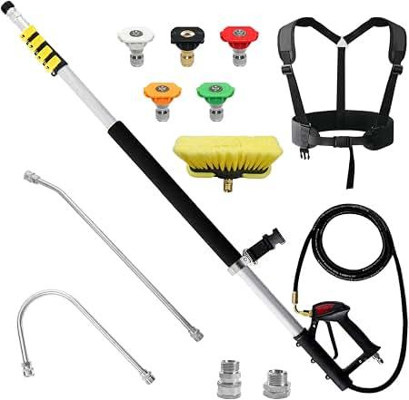 janz Aluminum 24 FT Telescoping Pressure Washer Wand with Pressure Washer Éxtension Wand,Gutter Cleaner Attachment, 5 Spray Nozzle Tips, 2 Hose Inlet Adapters and Support Harness, 0.73 cubic feet