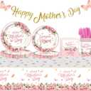 Happy Mothers Day Decorations Plates Set for Party - Serves 24, Includes Happy Mothers Day Banner, 2 Mothers Day Tablecloths, Pink Floral Plates, Napkins, Cups Table Decor Sign for Mom