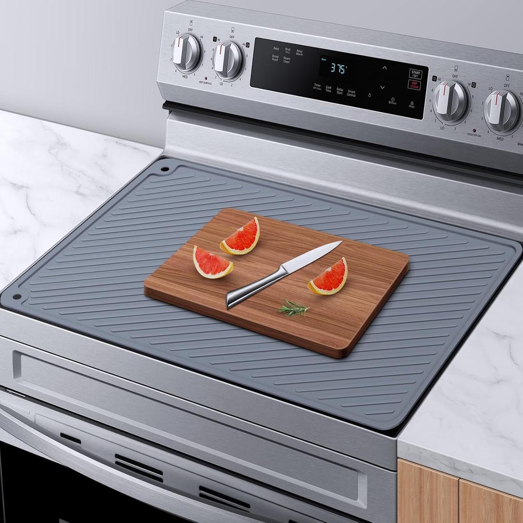 Stove Top Covers for Electric Stove,28 x 20 Silicone Stove Cover Mat, Heat Resistant Glass Cooktop Cover,Ceramic Stove Protector,Flat RV Range Stovetop Protector Pad, Dish Drying Mat for Kitchen,Grey