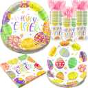 125PCS Easter Plates and Napkins Set, Colorful Egg Bunny Pattern Disposable Paper Plate Cups Forks Napkins for Easter Party Decorations, Serve for 25 Guests (Easter Egg)