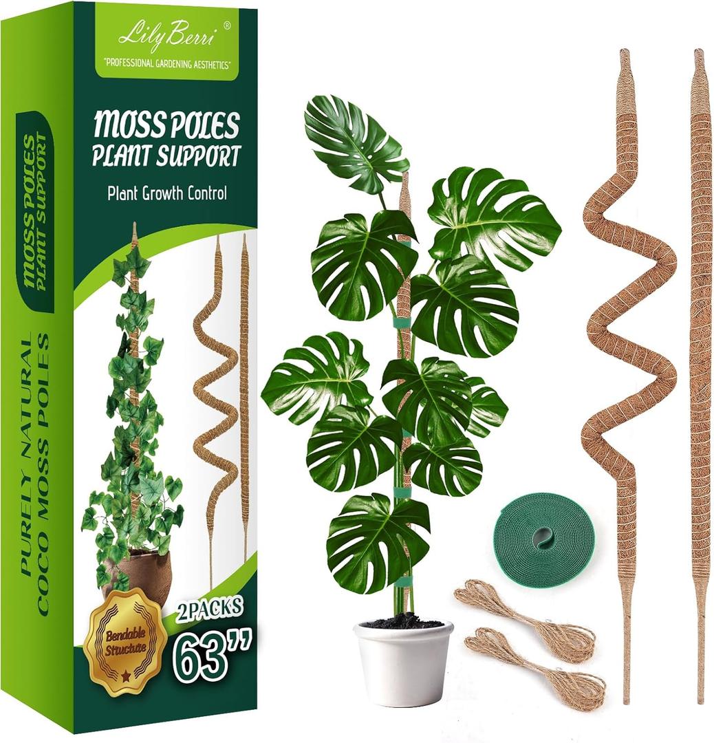 Lilyberri 2 Pack Bendable Moss Pole Monstera Plant Support, Plant Stakes for Indoor Plants, Moss Pole for Climbing Plants, Plant Support Stakes, Plant Sticks Support (2 Pack 63'')