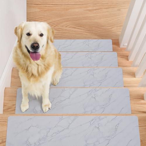 MBIGM Rubber Stair Treads (15 Pack) - Non-Slip White Marble, Indoor Rubber Stairs Mats, Size: 8" x 30"