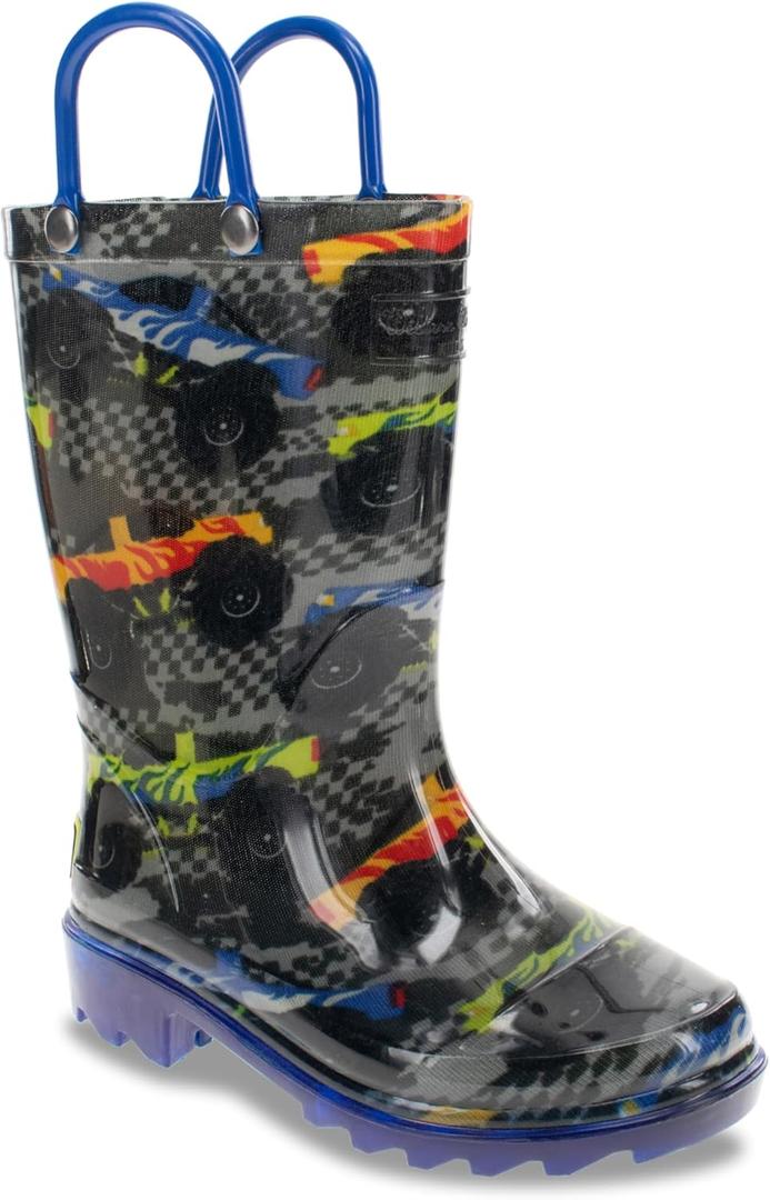 Western Chief Kids Waterproof Light Up Rain Boots With Handles for Easy On and Off for Boys and Girls (5 Toddler, Drag Race)