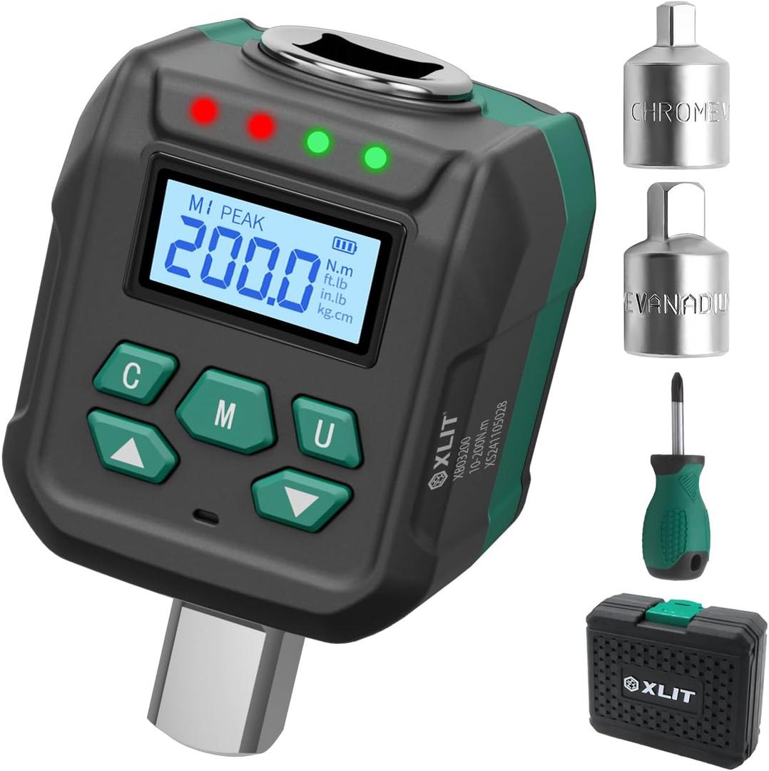 1/2" Digital Torque Adapter, (2% Accuracy 7.4-147 ft-lb) Electronic Wrench Converter with Preset and Data Logging, Buzzer and LED Indicator, 1/4" 3/8" Adapters for Automotive Repair (1/2", 7.4-147.5Ft.lbs/10-200Nm)