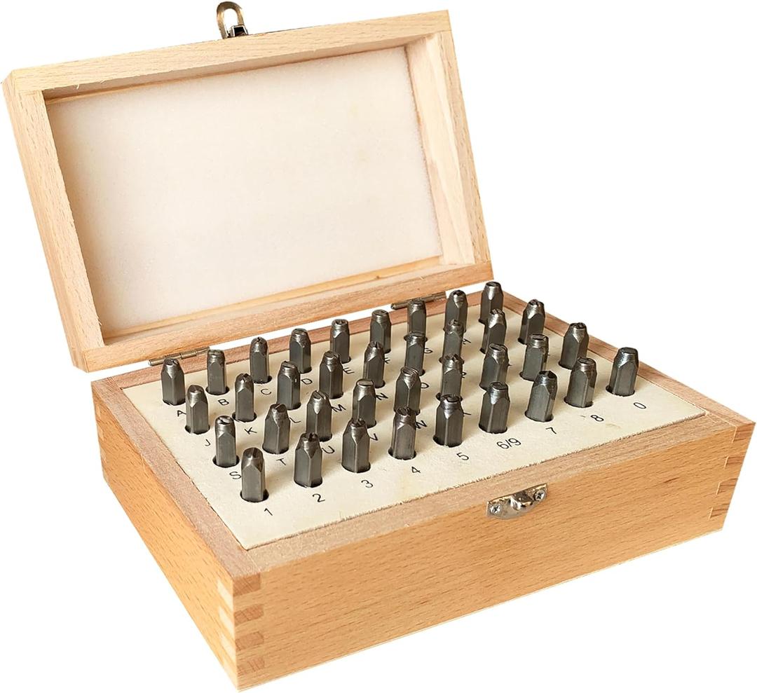 Letter and Number Stamp Set 36pcs 40Cr Alloy Steel Metal Stamp Number & Letter Punch Set in a Wooden case (4mm 5/32 Inch)