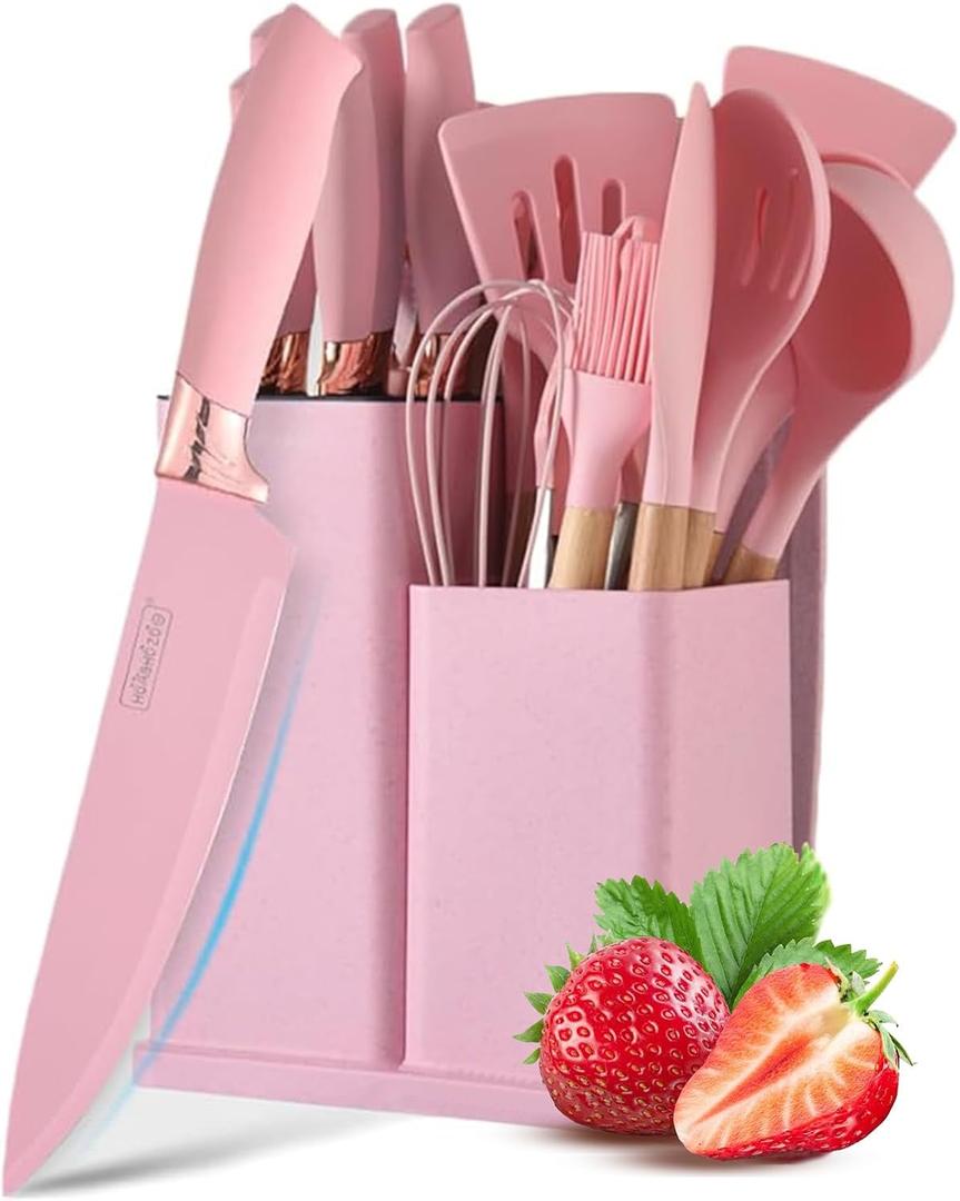 Kitchen Knife Set with Block, Retrosohoo Pink 19PC Silicone Kitchen Utensil Set and Stainless Steel Knife Set, Non-stick Sharp Chef Knife and Cooking Utensils Gift for Women Family (19 in 1)