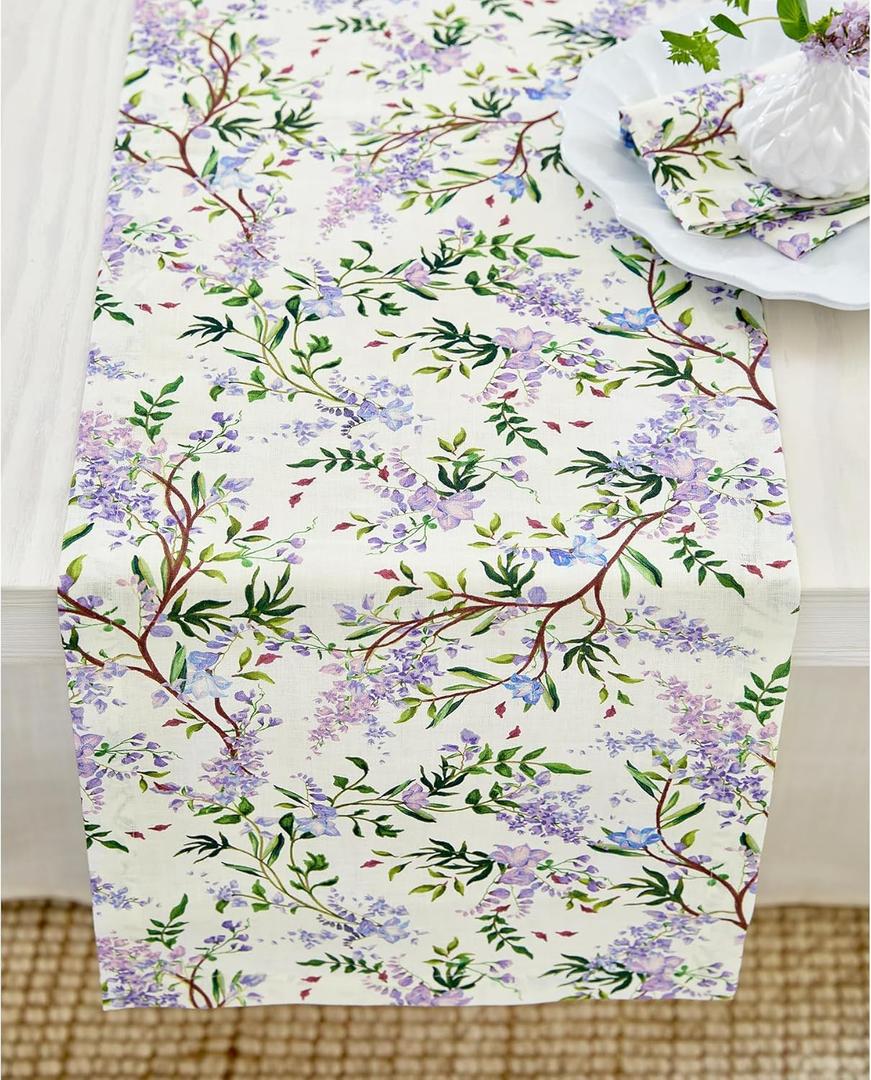 Solino Home Lilacs Floral Print Table Runner 72 Inches Long - 100% Pure Linen Table Runner 14 x 72 Inch for Mothers Day, Spring, Easter - Handcrafted and Machine Washable - Lilacs/Off White Print