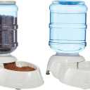 Amazon Basics Automatic Dog Cat Water Dispenser Gravity Feeder and Waterer Set, Large, 12-Pound Food Capacity, 2.5-Gallon, Gray