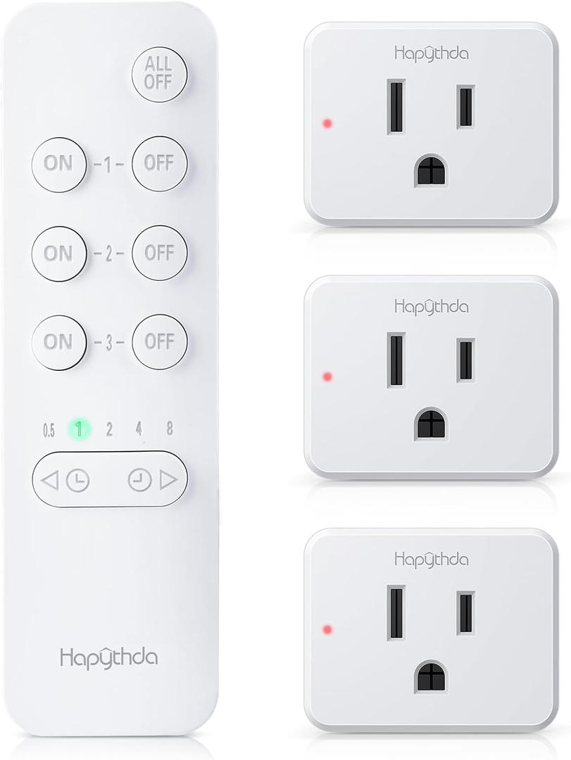 Timer Outlet Plug, 15A/1500W Remote Control Outlet, 500ft Range Wireless Remote Light Switch, Timer Switch for Lights, Anti-Surge 4000V, for Household Appliances (3 Outlets + 1 Remote)