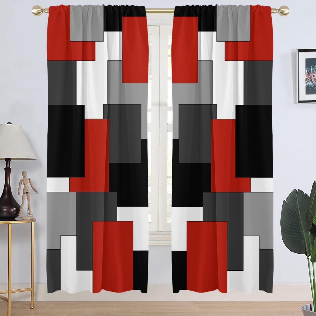 AAtter Red Black Geometric Window Curtain Abstract Grey Gray White Square Grid Mid Century Aesthetic Art Long Wide Living Room Bedroom Drapes Treatment Fabric 1 Pair, 52" W x 84" L, Modern