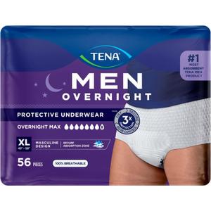 Tena Men Protective Incontinence Underwear for Men, Overnight Max, XL, 56 Ct, 45-58in