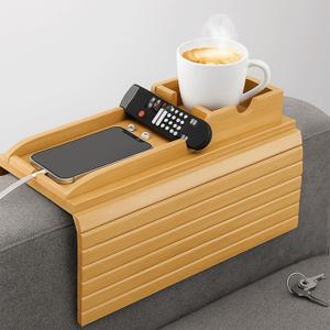 Bamboo Sofa Armrest Tray - Couch Arm Tray with Detachable Couch Cup Holder - 2 in 1 Anti-Slip Foldable Sofa Armchair Caddy Table for Drinks Cellphone TV Remote Snacks