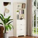 6 Tier Book Shelf with Drawers, White Farmhouse Display Bookshelf with Organizers and Storage, Free Standing Tall Bookshelf with Cabinet for Bedroom, Living Room, Office