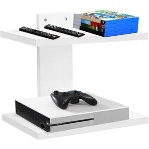 Floating Projector Wall Mount TV Shelf,Wooden Wall Mounted Under TV Floating Shelf for Projector, PS5, DVD Player,Game Console, Cable Box,2TiersWhite