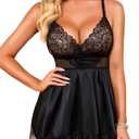 RSLOVE Womens Lingerie Lace Babydoll - Satin Nightgown Sexy Nightwear 3 Piece V Neck Sleepwear Mesh Chemise with Mask L
