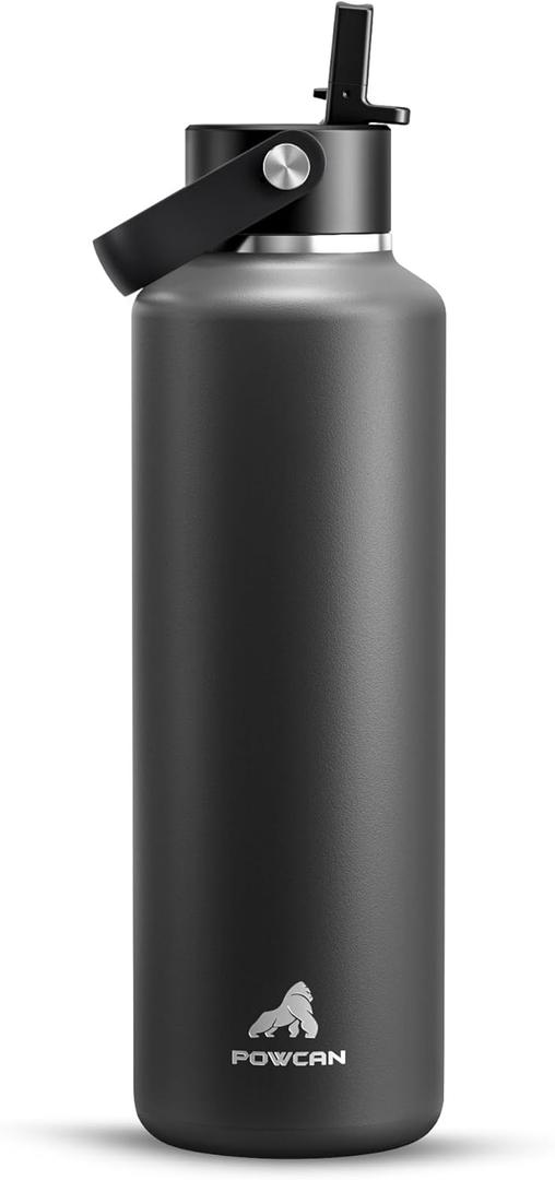 POWCAN 24 oz Stainless Steel Slim Water Bottle: Sweatproof, Flex Cap, Lightweight, Standard Mouth, Top Handle, Vacuum Insulated Flask with straw for Office, Home, Commute, Workouts, Boy (Stone Gray)