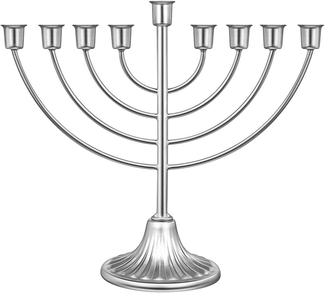 Hanukkah Candle Menorah, Traditional Classic 9 Rounded Branch Mini Menorah, 7.28x8 inch Silver Chanukah Candle Minorah Holy Land Table Centerpiece Home Decor