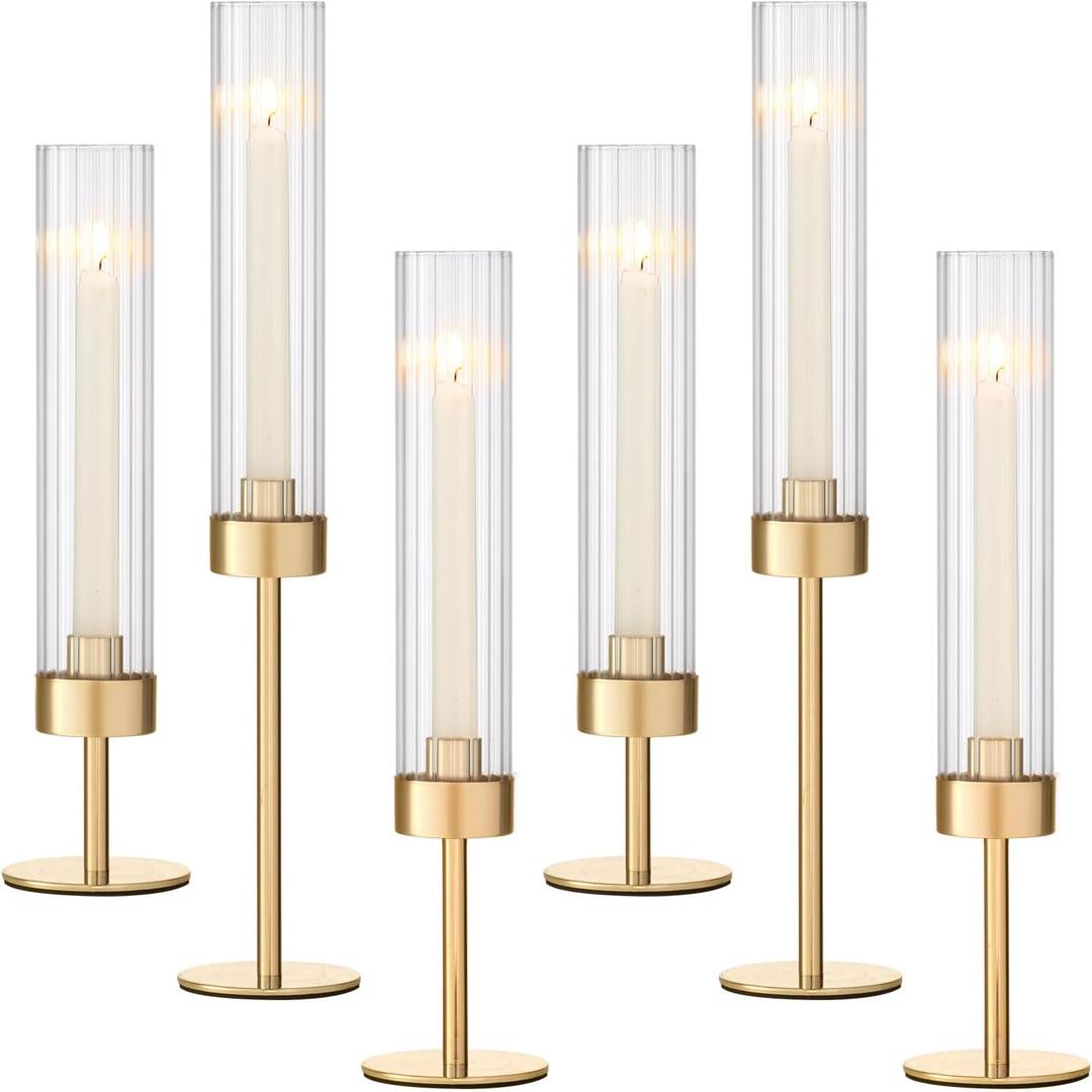 Gold Hurricane Candle Holders 4 Pcs Fluted Candle Holders Gold Taper Candle Sticks Holder Tall Glass Candle Stand Set for Table Centerpiece Wedding Party Christmas Decorations Fireplace Decor