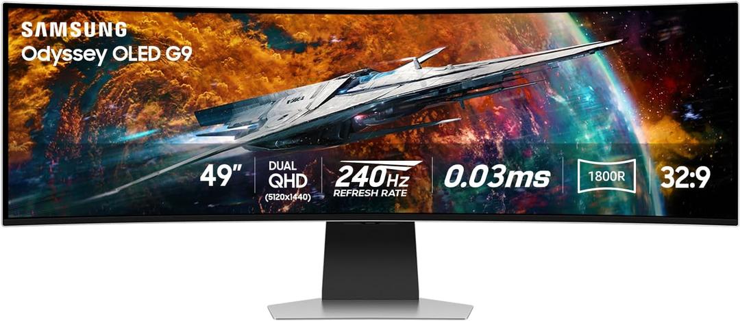 Samsung 49" Odyssey OLED G9 (G95SC) Series Curved Smart Gaming Monitor w QD-OLED, 240Hz, 0.03ms, AMD Freestyle Premium Pro, G-Sync Compatible, Dual QHD, Neo Quantum Processor Pro, LS49CG954SNXZA (240Hz Refresh Rate)