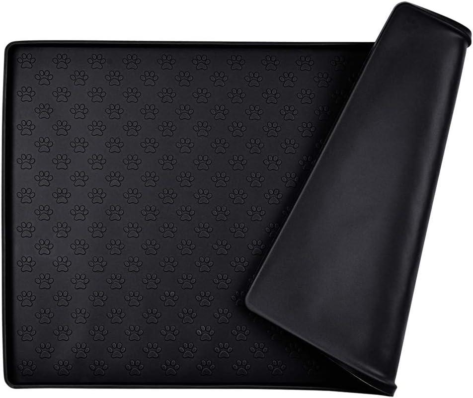 Dog Food Mat, Silicone Dog Cat Bowl Mat, Non Slip Pet Feeding Mat Waterproof Dog Placemat for Small Animals (18.5"x11.8", Black Paw Pattern)