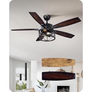 EDISHINE 52 Inch Farmhouse Ceiling Fans with Lights, Remote Control, 5 Wooden Blades, Dimmable, Timer, 6 Speeds Reversible DC Motor, Rustic Lighting & Ceiling Fan for Bedroom Living Room, UL Listed (Red Gradient Black& Light Oka)