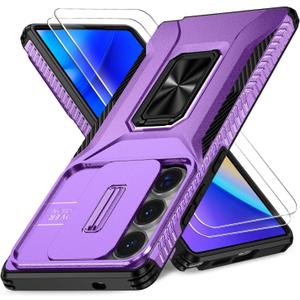 Case for Samsung Galaxy S25 Ultra with Slide Camera Cover+Screen Protector(2 Packs), Military Grade Shockproof Protective Cover, Rotated Ring Kickstand(A - Violet)