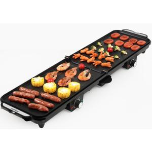 Electric Griddle Indoor, 1600W Large Flat Top Grill with 17.5" x 9" Nonstick Plates, 2 Cooking Zone with Adjustable Temp, Pancake Egg Maker with Drip Tray, Indicator Light