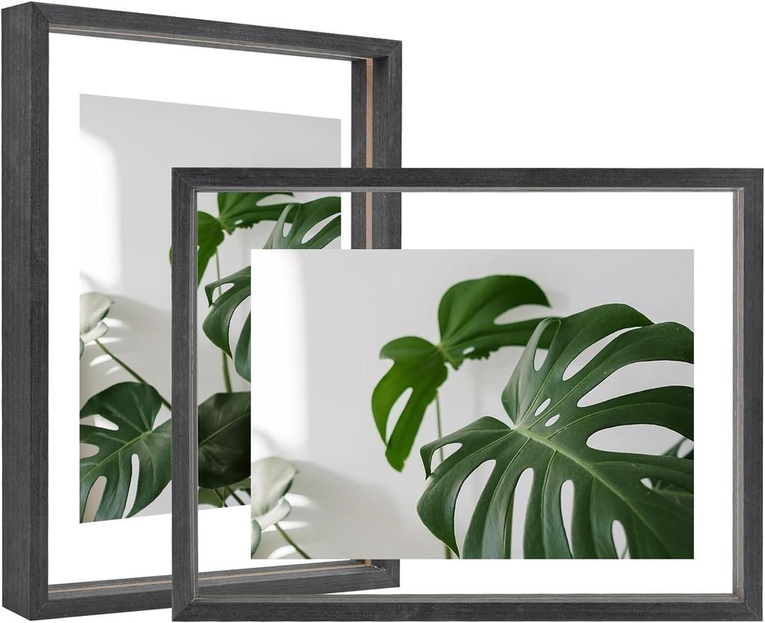 Egofine 9x12 Floating Frames Set of 2, Double Plexiglass Picture Frame, Made of Solid Wood Display Any Size Photo up to 9x12, Wall Mount or Tabletop Standing, Faded Black