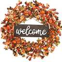Sggvecsy Fall Wreath 20'' Autumn Front Door Harvest with Small Pumpkin Berry Round Leaves Decorations for Outside Indoor Wall Window Festival Thanksgiving Decor(Orange)
