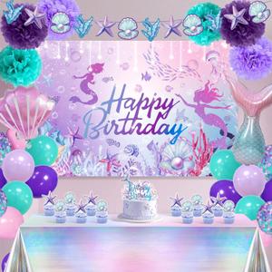 Happy Birthday Decorations For Women,Birthday Backdrop,Banner Balloons,Table Cloth,Paper pom poms Party Supplies for Girls (Mermaid)