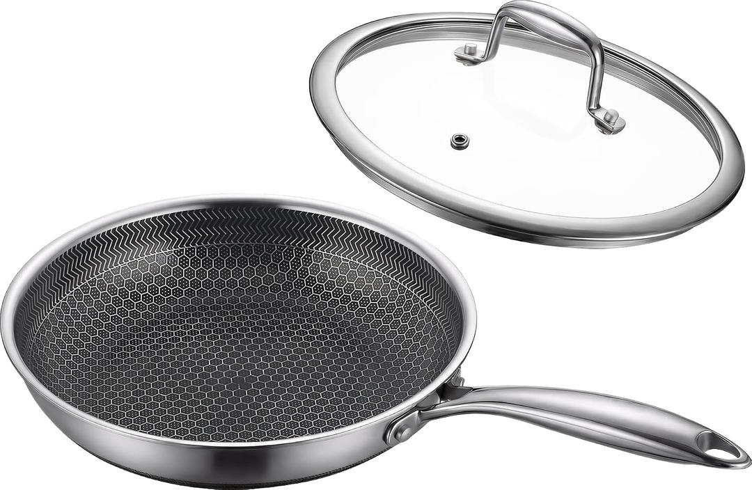 8" Non-Stick Frying Pan with Lid Tri-Ply Stainless Steel Pan with Stay-Cool Handle Oven & Dishwasher Safe For Induction, Ceramic & Gas Stovetops