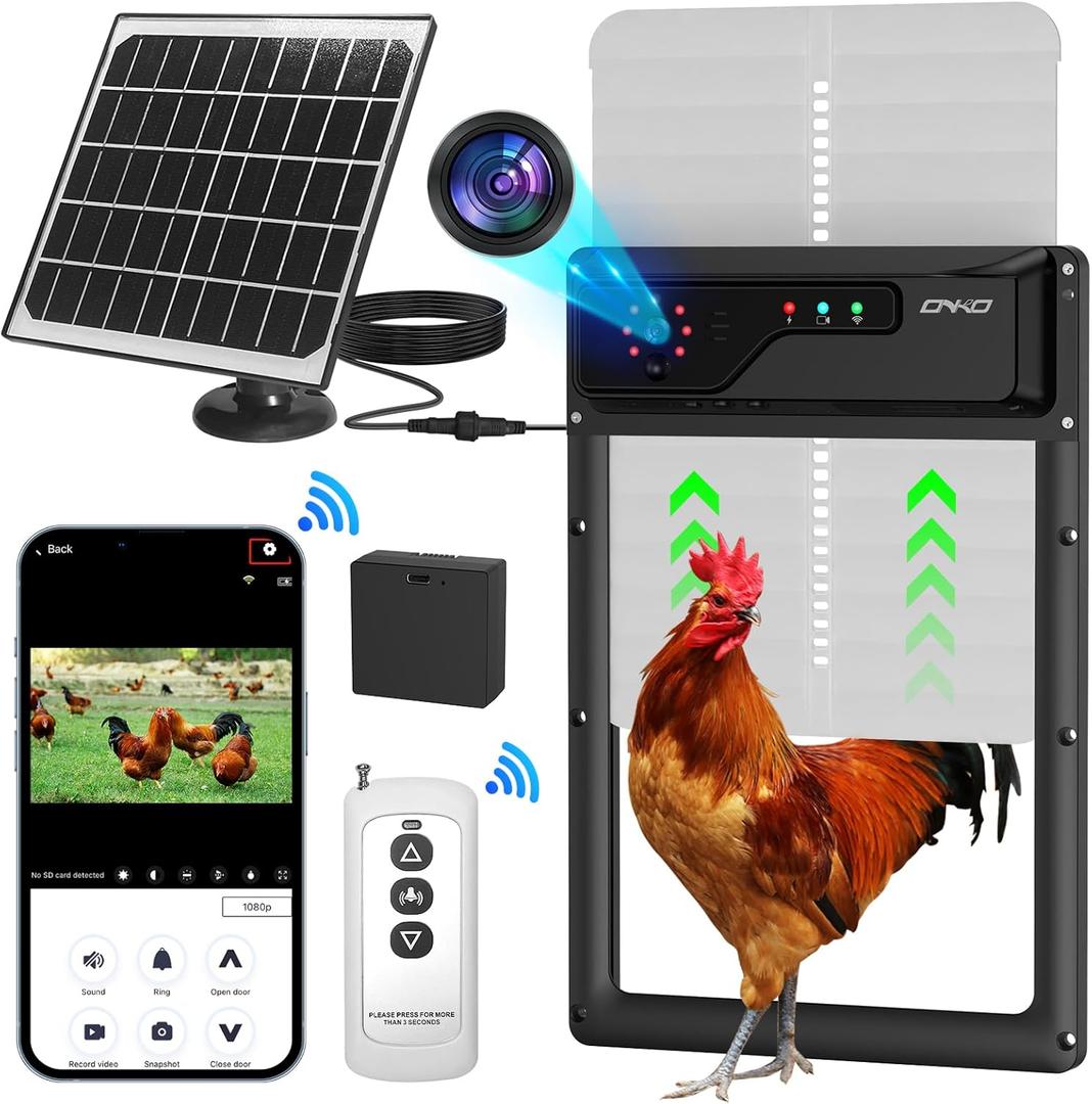 Automatic Chicken Coop Door with Camera, Battery Solar Powered, App Timer Remote Control, WiFi Monitor, LCD Large Screen, Aluminum Electric Chicken Coop Door with Anti-Pinch and Anti-Trap Sensor Drive