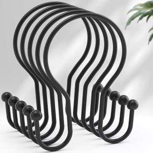 AmazerBath Shower Curtain Hooks Black Shower Curtain Rings, Simple Double Hook Shower Curtain Hooks Rust Proof, Smooth Sturdy Metal Shower Hooks for Shower Curtain Rod, 12 Pcs Shower Rod Hooks