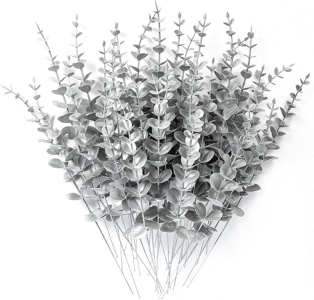 RECUTMS 36Pcs Silver Eucalyptus Leaves Stems 15 inch Artificial Eucalyptuses Leaf Branches Faux Flower Bouquet for Winter Wedding Centerpiece Floral Arrangement Christmas Picks Office Home Table Decor