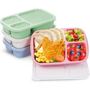 4 Pack Bento Box for Adults, 3-Compartment Wheat Straw Food Storage Containers, Meal Prep Lunch Box Microwave and Dishwasher Safe, Suitable for Office and Outdoor
