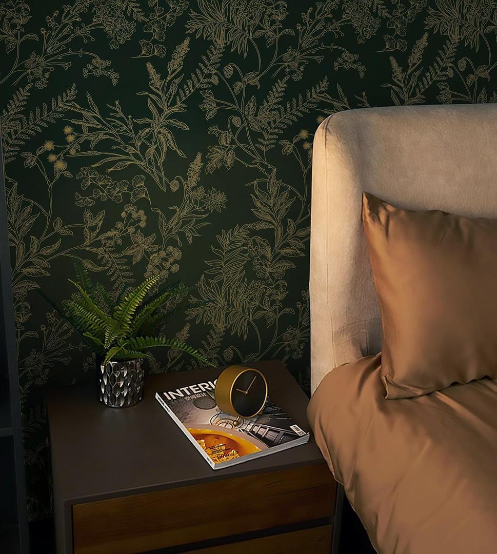 Peel and Stick Wallpaper Dark Green and Gold Floral Wallpaper Vintage Flower and Leaf Contact Paper for Cabinets Self-Adhesive Removable Wallpaper for Bedroom Bathroom Kitchen 394"x17.3"