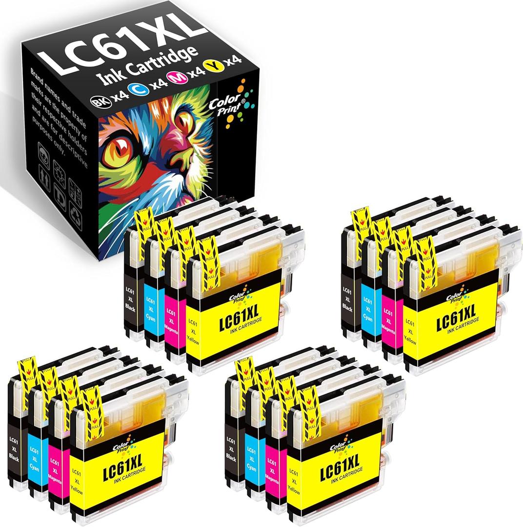 ColorPrint Compatible LC61CL Ink Cartridge Replacement for Brother LC61 Ink LC-61 LC65 LC61BK for MFC-J615W MFC-5895CW MFC-290C MFC-5490CN MFC-790CW MFC-J630W MFC-490CW Printer (4BK,4C,4M,4Y,16-Pack)