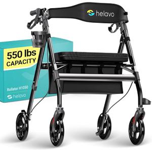 Helavo Bariatric Walker with Large, Height-Adjustable Seat, 550 lbs Weight Capacity, All Terrain 8-inch Wheels, 28-inch Wide - Extra Wide Heavy Duty Rollator for Seniors (Black)