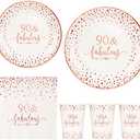 Crisky Rose Gold Foil 90 Fabulous Napkins, Cups Set for Women's 90th Birthday Party Decorations, Disposable Tableware Set of 24 (9" Plates, 7" Plates, Luncheon Napkins, 9oz Cups)