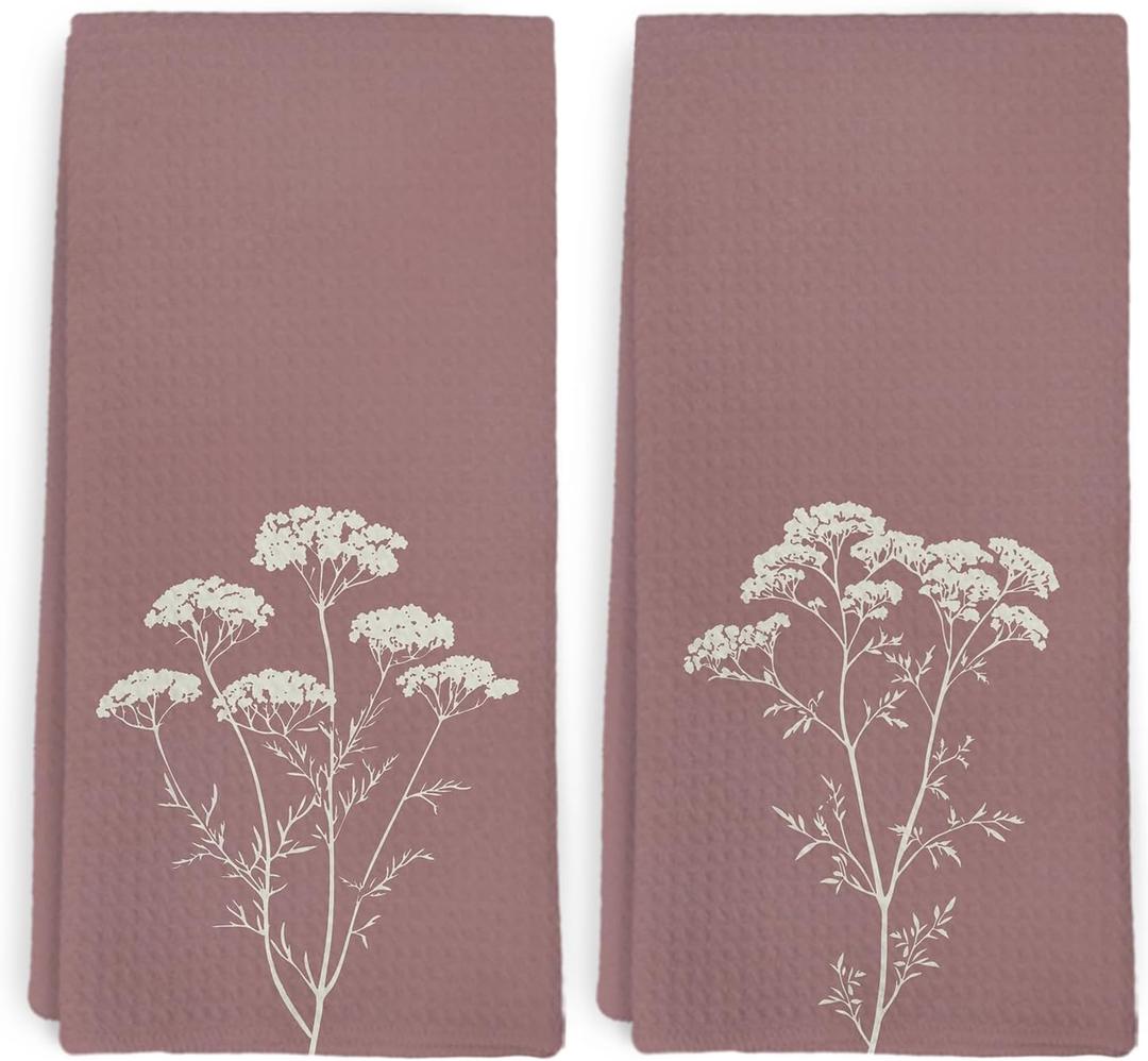 Vintage Mauve Wildflower Kitchen Towel and Dish Towel Set of 2, Farmhouse Dusty Rose Decor Hand Towels, Minimalism Retro Floral Decorative Hand Dish Tea Towels for Bathroom Kitchen, 16x24 in