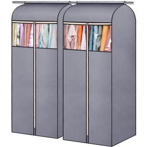 SLEEPING LAMB 60'' Hanging Garment Bags for Closet Storage Sealed Completely Jackets Coats Suits Clothes Rack Cover for Wardrobe with Clear PVC Window, 2 Packs, Grey (Hanging Rod Not Included)